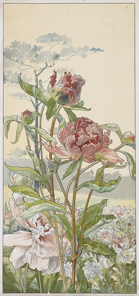 HENRI PRIVAT-LIVEMONT Quatre Planches Fleurs Décoratives: Chrysanthèmes, Iris, Pivoines et Tulipes.